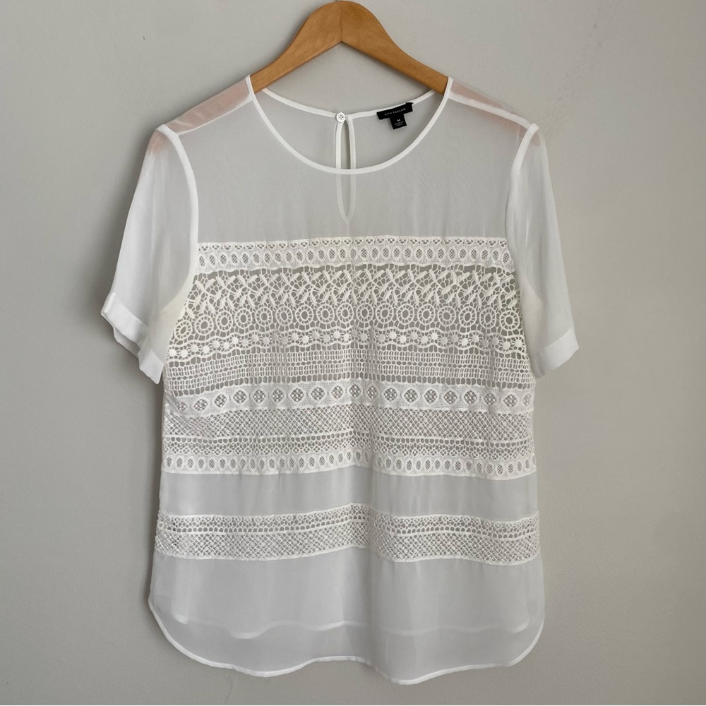 ANN TAYLOR Womens Medium White Sheer Chiffon Crochet Front Short Sleeve Shirt D5